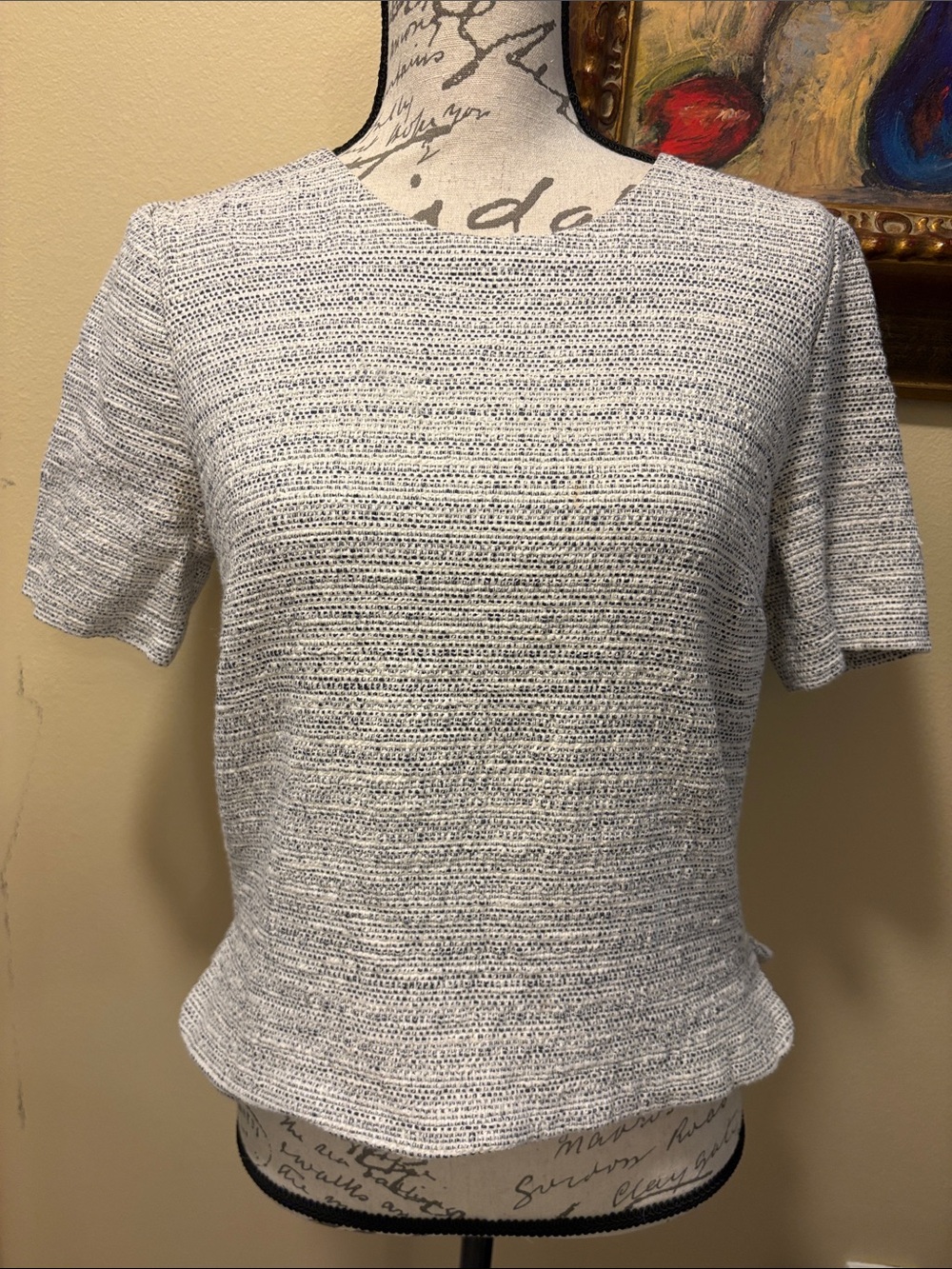 Theory Tweed White and Gray Textured Short-Sleeve back zipper Knit Top